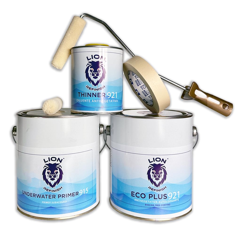 Kit Antivegetativa per imbarcazioni Lion Refinish Eco Plus 921 2.5L, con Primer 915 2.5L, Diluente, Pennello a rullo + due ricambi OMAGGIO e nastro gommato. (Nero Scuro)