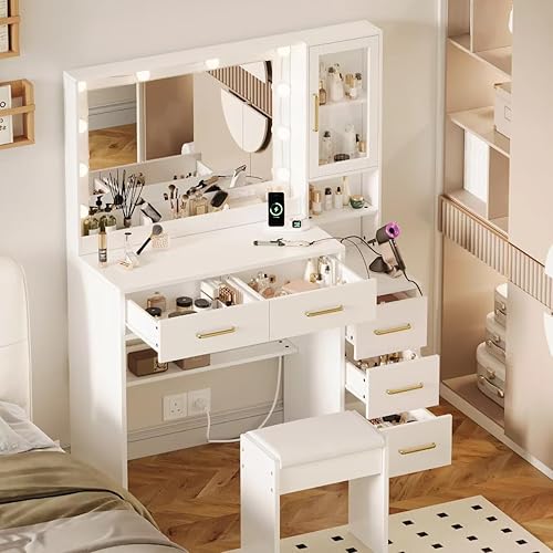 Miniatura 2 de Escritorio de maquillaje de 35.4 pulgadas con estación de carga, tocador de maquillaje blanco con espejo y luces, 3 modos de iluminación de brillo