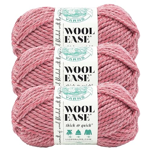 Image of Lion Brand Yarn, Wool-Ease Thick & Quick Yarn, Potion, Heather Pink, 3 Pack | Super Bulky Wool Acrylic Blend Fiber for Soft Hats, Sweaters, Chunky Blankets, Yarn for Crochet, Knitting, Crafts, Weaving