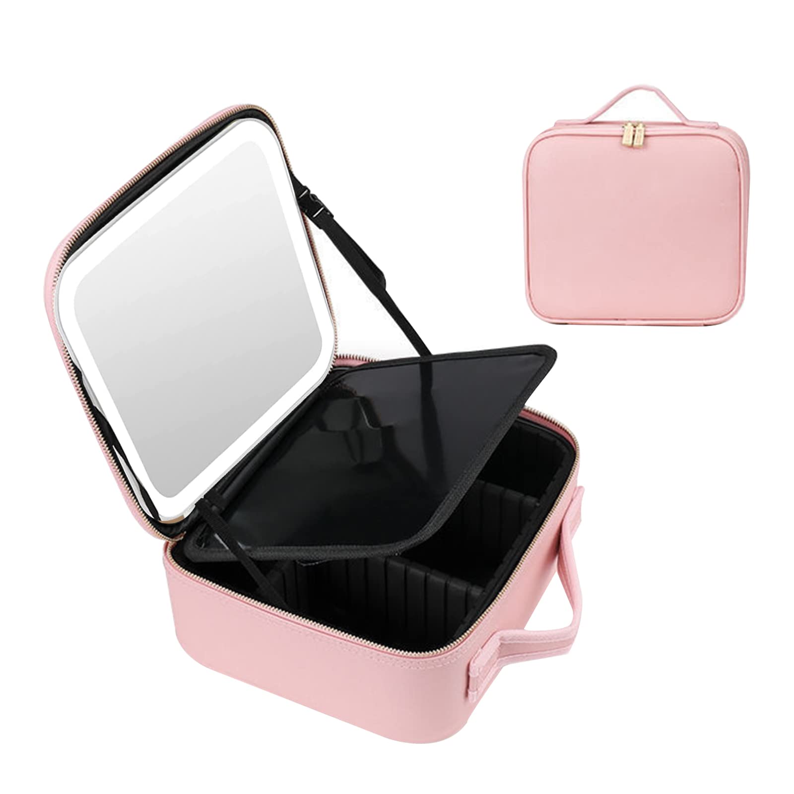 Treesunshine Bolsa de Maquillaje con Espejo portátil, con Espejo LED, Bolsa de Maquillaje para Mujer con Bolsa de Pinceles y Divisor Ajustable, Organizador Profesional con LED Tricolor, Rosa