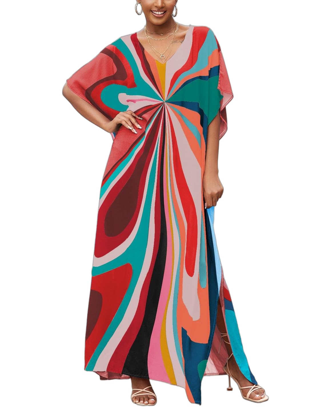 IMAGEKOPE Women's Plus Size Loose Fit Moroccan Print V-Neck Batwing Kaftan Beach Dress Bathing Suit Cover Up