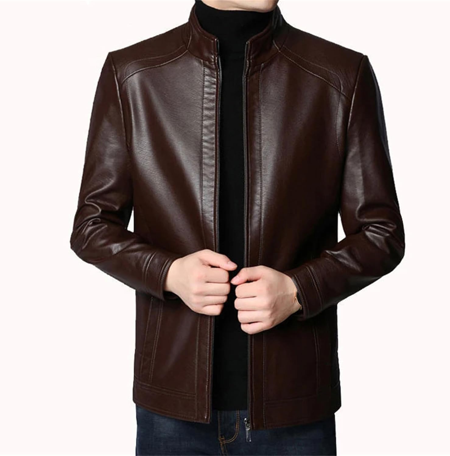 Men's Retro Stand Collar Zipper Leather Jacket Street Casual Blazer Slim Business Leather Jacket