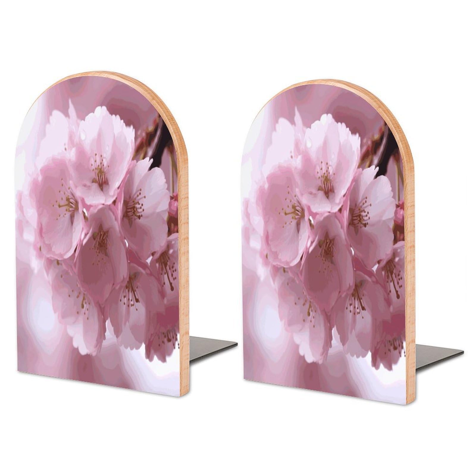 Pink Cherry Blossoms Wood Bookend for Shelves 1 Pair