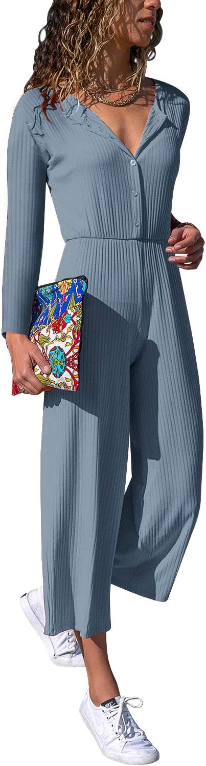 Cassiecy Women's Elegant Long Sleeve V Neck Jumpsuit Loose Casual Wide Leg Long Romper Playsuit (S, Blue)