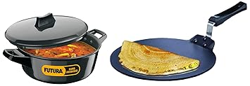 Hawkins Aluminium Futura Nonstick Dosa Tava, Diameter 28 cm, Thickness 4.88 mm (Black) NDT28 & Futura Hard Anodised Induction Compatible Cook-n-Serve Bowl with Hard Anodised Lid, 3 Litre, Black