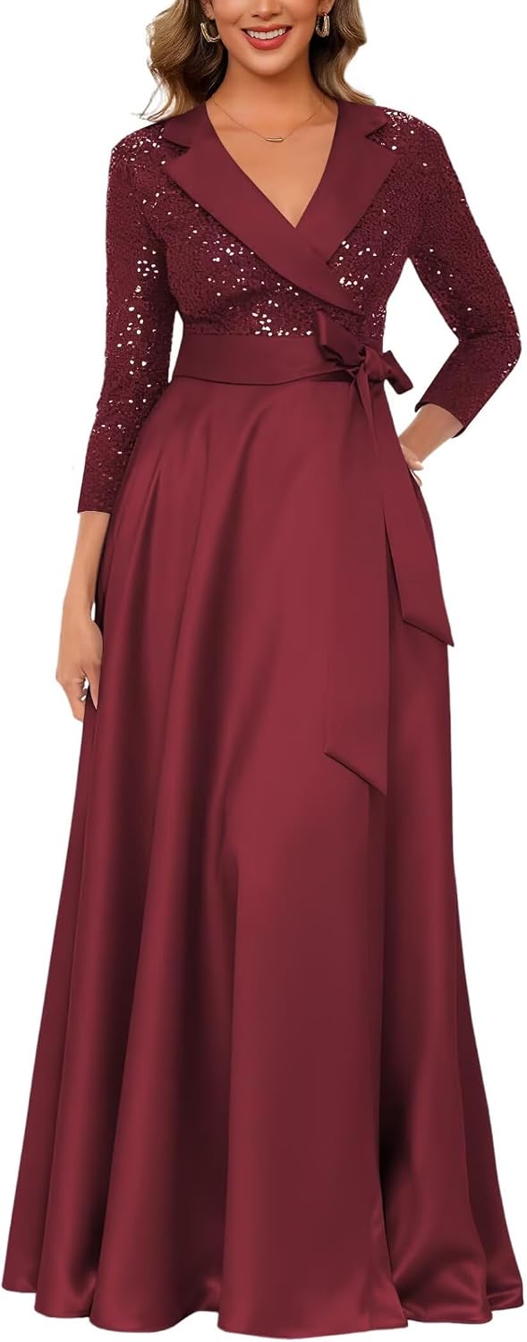 Sequin Mother of The Bride Dresses for Women Satin V Neck Elegant Long Sleeve Sparkly A Line Evening Party Dress