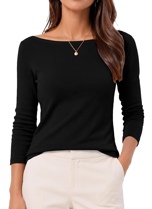QUALFORT Womens Boat Neck 3/4 Sleeve T-Shirts Slim Fit Black L by QUALFORT - Used condition - US$13.77