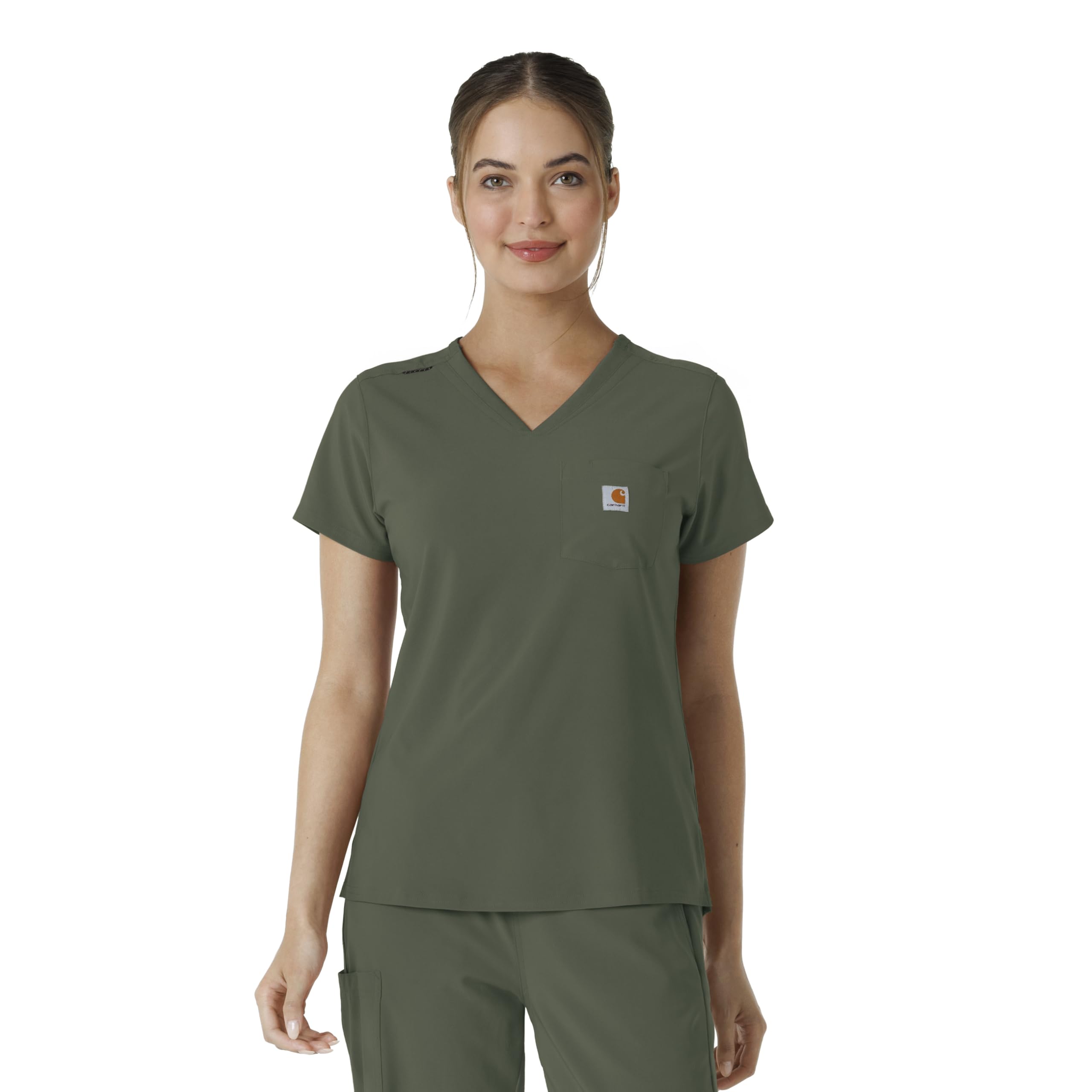 Carhartt Scrubs for Women Force Cross-Flex Tuck-in V-Neck Tops with 1 Pocket Olive