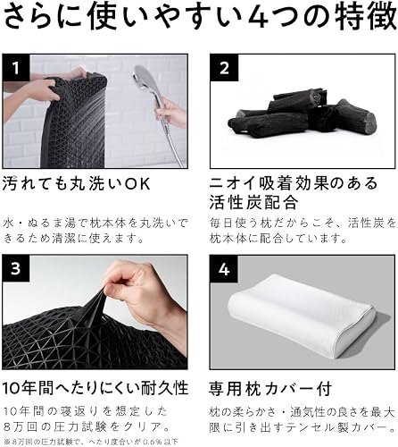 丸洗い・活性炭配合・耐久性・専用カバーが特徴として挙がっています。