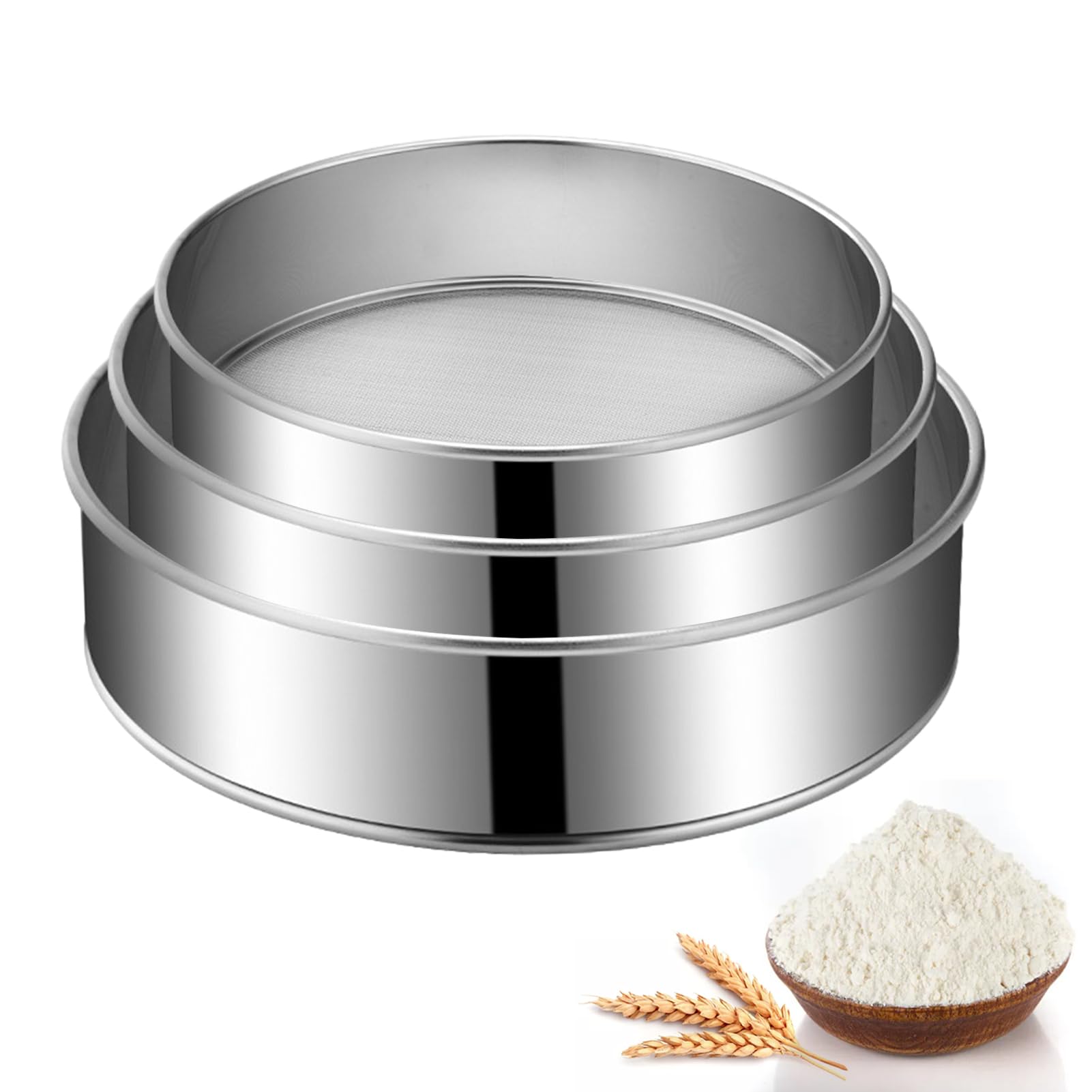3-Pack Stainless Steel Flour Sifter Set with 40 Mesh, (6, 8, 10 Inches) Round Sieves for Baking Cakes, Bread, Pastries, Cookies, And Muffins Easy to