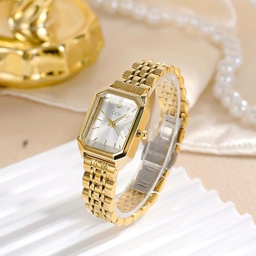 Miniatura 6 de FANMIS Juego de reloj y pulsera de tono dorado para mujer, esfera cuadrada simple, reloj de vestir casual para mujer con correa de acero inoxidable