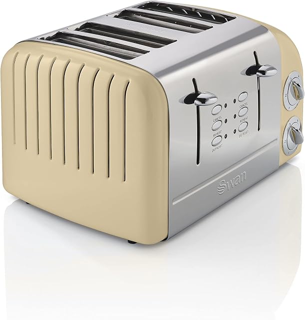 Swan 4 Slice Retro Toaster, Cream, 1600W, Stainless-steel, Independent Controls, ST34020CN