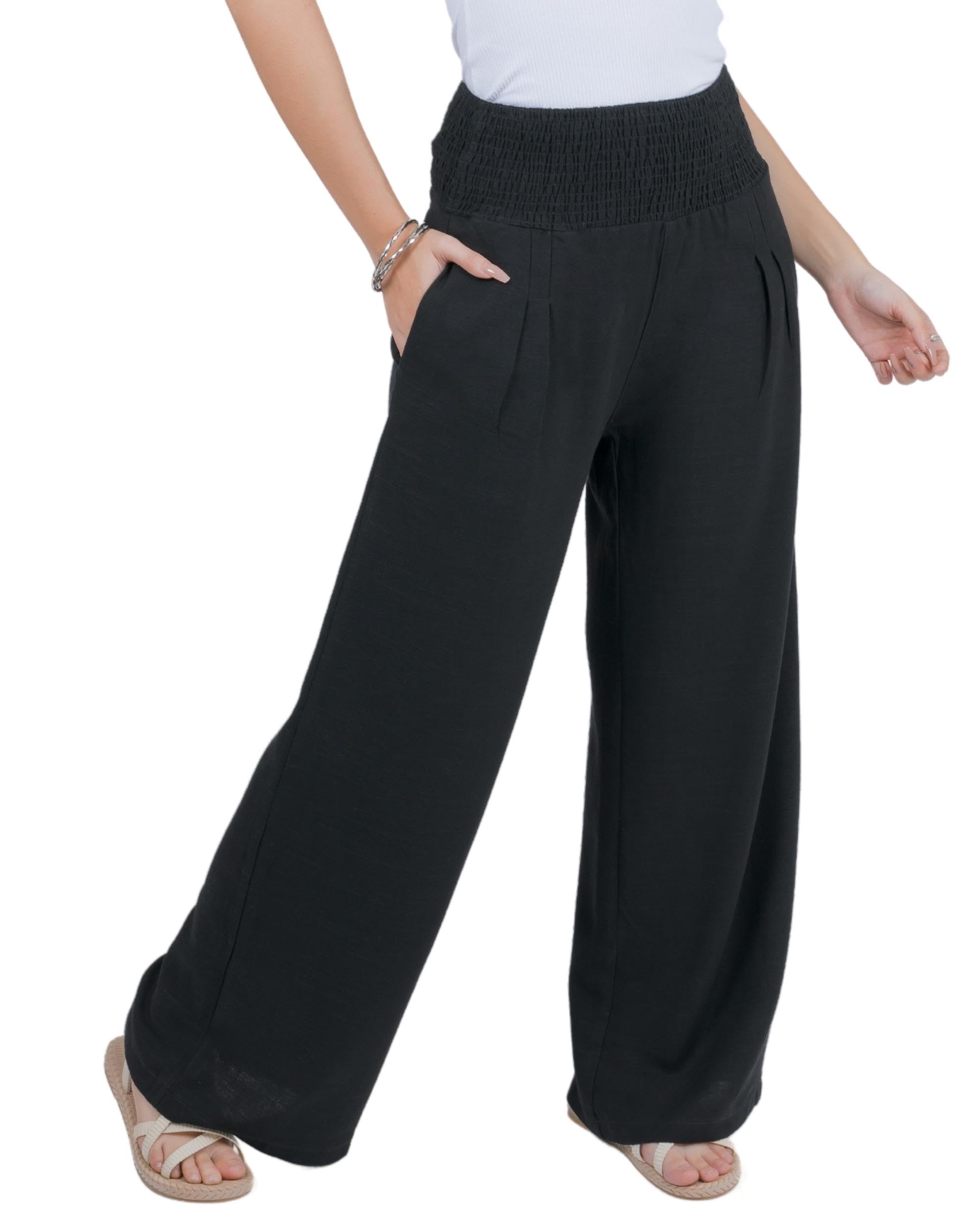 Lofbaz Damen Leinen Palazzo Weite Beinhose Luftig Lounge Freizeit Hohe Taille Sommer Strand Boho Lange Hose mit Taschen