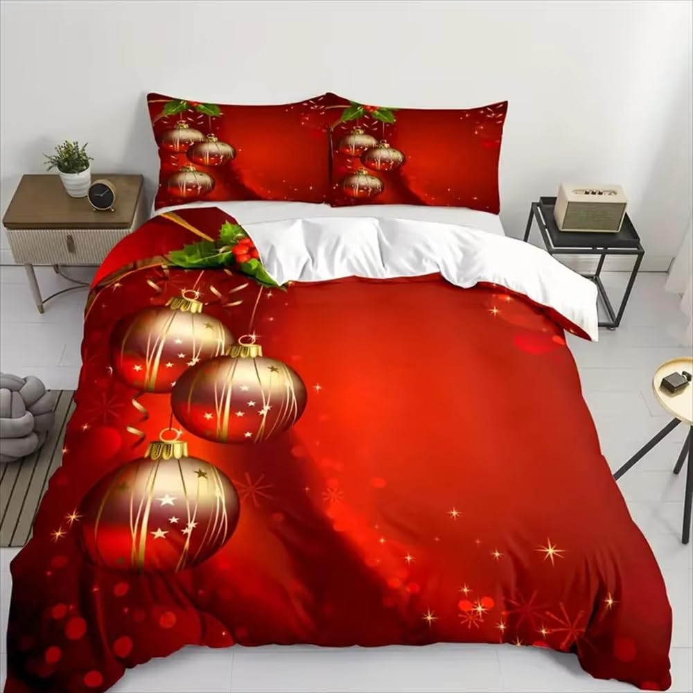 Parure de lit 3 pièces pour Noël housse 135x200 et taies 60x60cm rouge flocons
