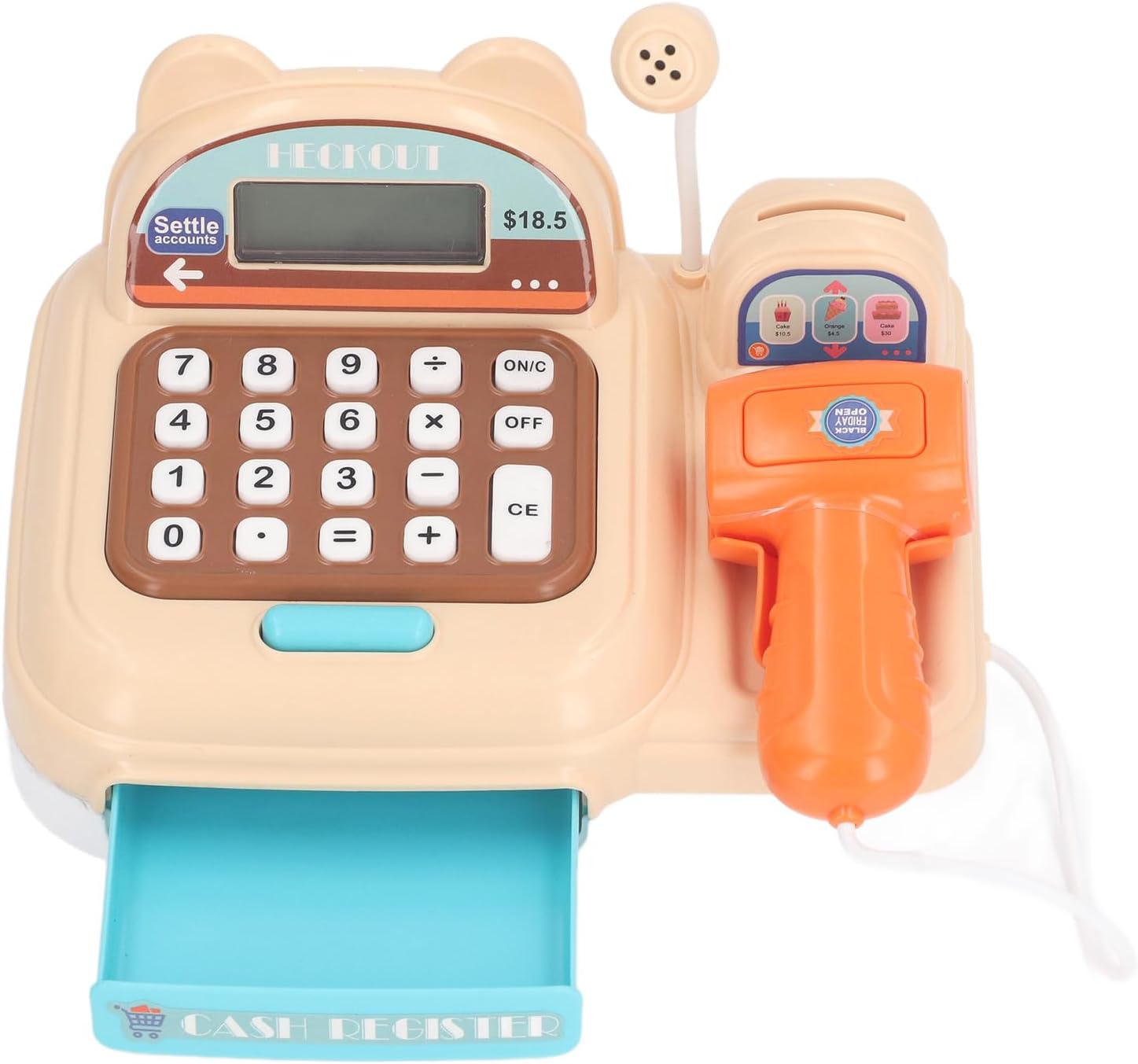 DAN&DRE Cash Register Toy, Simulation Cash Register Fun for Boys Girls Toddlers, Unique Microphone Sounds, Arithmetic Development, Role Play Set (Brown)