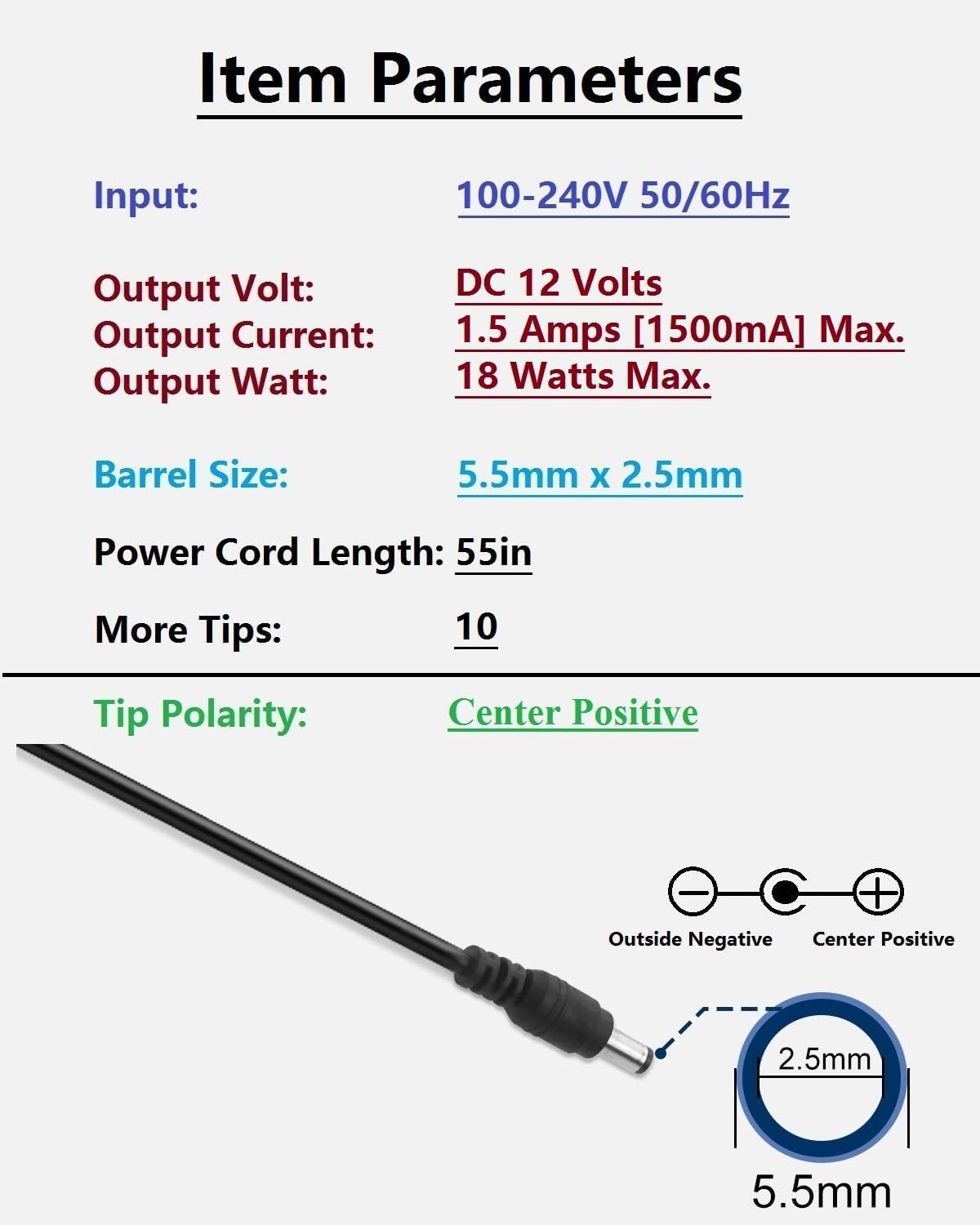 DC 12 Volt 1.5 Amp Switching Power Supply, 100-240V 50-60Hz AC to DC 12V 1.5A 18W Power Supply Cord Adapter with 5.5mm x 2.5mm Barrel Plug Jack, and 10 More Sizes of Tips