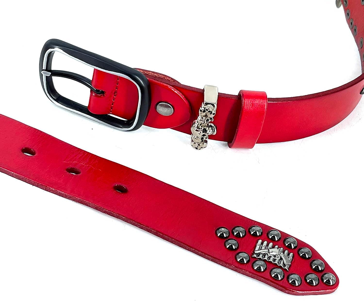 Red Genuine Leather Belt with Solid Metal Bullet studded for Women or men