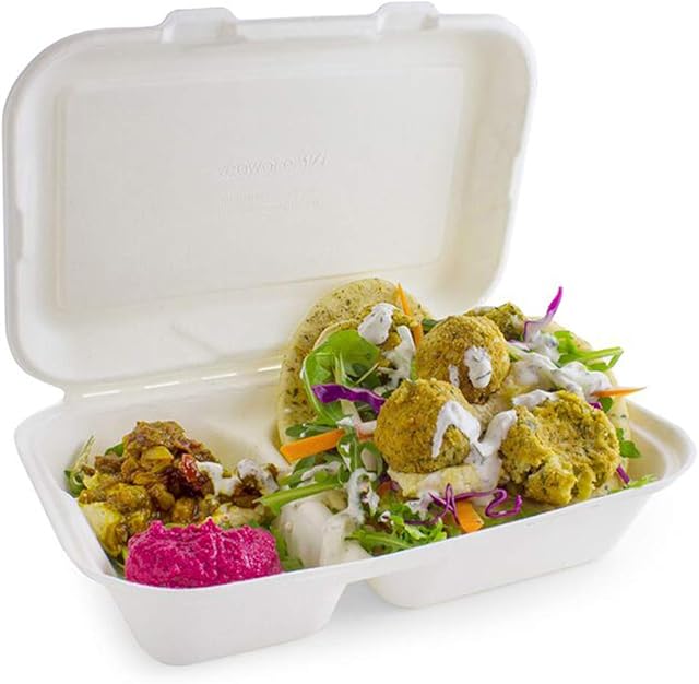 2 Compartment Clamshell Bagasse Takeaway Food Box 7 Inch - Set of 50 - Eco-Friendly Food Boxes