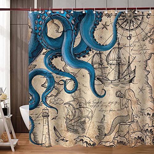 Fungarth Vintage Nautical Octopus Shower Curtain Navy Blue Mermaid Funny Ocean Kraken Shower Curtains For Bathroom Anchor Coastal Map Waterproof Fabric Bath Curtain Decor With Hooks (Retro, 72” X 72”) #TOP4
