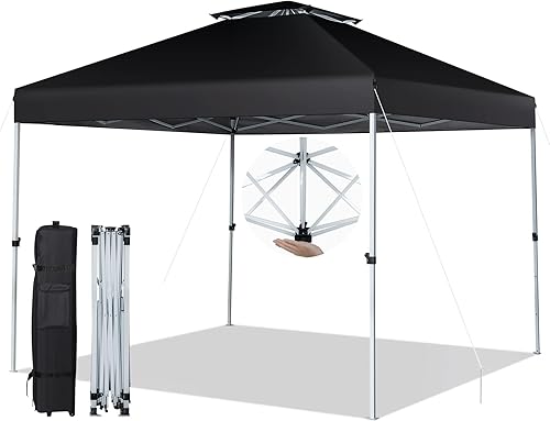 Miniatura 10 de Tangkula Toldo desplegable de 10 x 10 pies, toldo para exteriores fácil de instalar con bloqueo central, bolsa de transporte con ruedas, techo doble