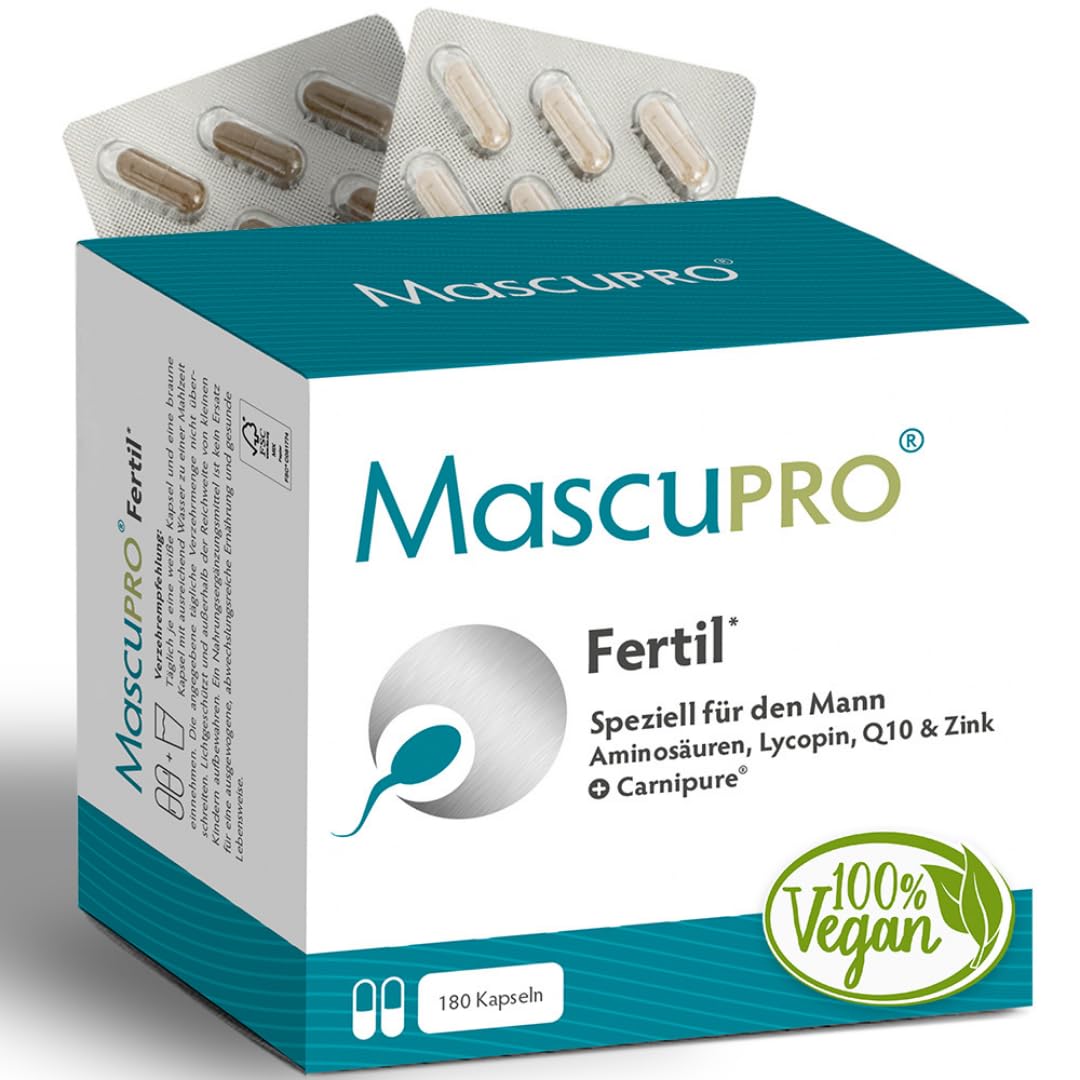 MascuPRO Fertil | 18 Inhaltsstoffe | 3 Monatspackung | Zink, Selen, Q10, Aminosäuren & Lycopin | vegan