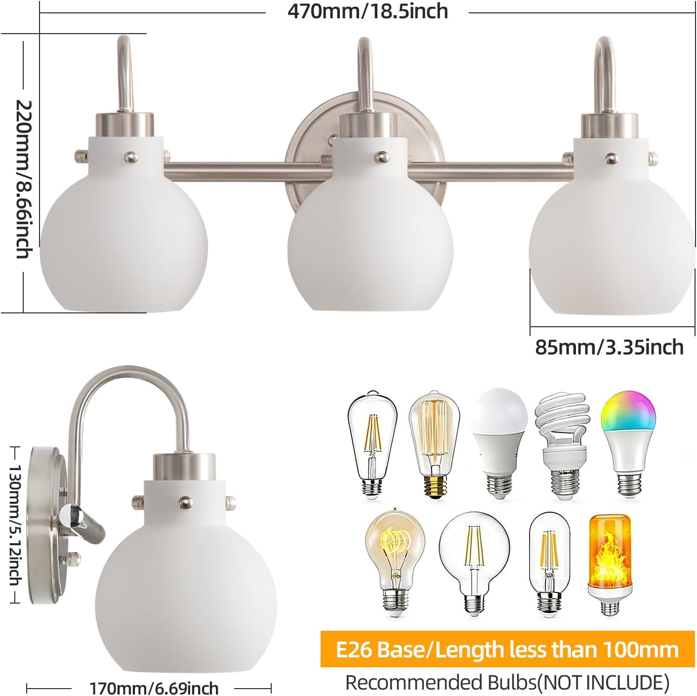 Bathroom Light Fixtures Brushed Nickel 3 Light Vanity Light Wall Sconces with Milk Globe Glass Shades Bath Wall Lamp over Mirror Farmhouse Wall Mount Lights for Kitchen Living Room Bedroom Hallway