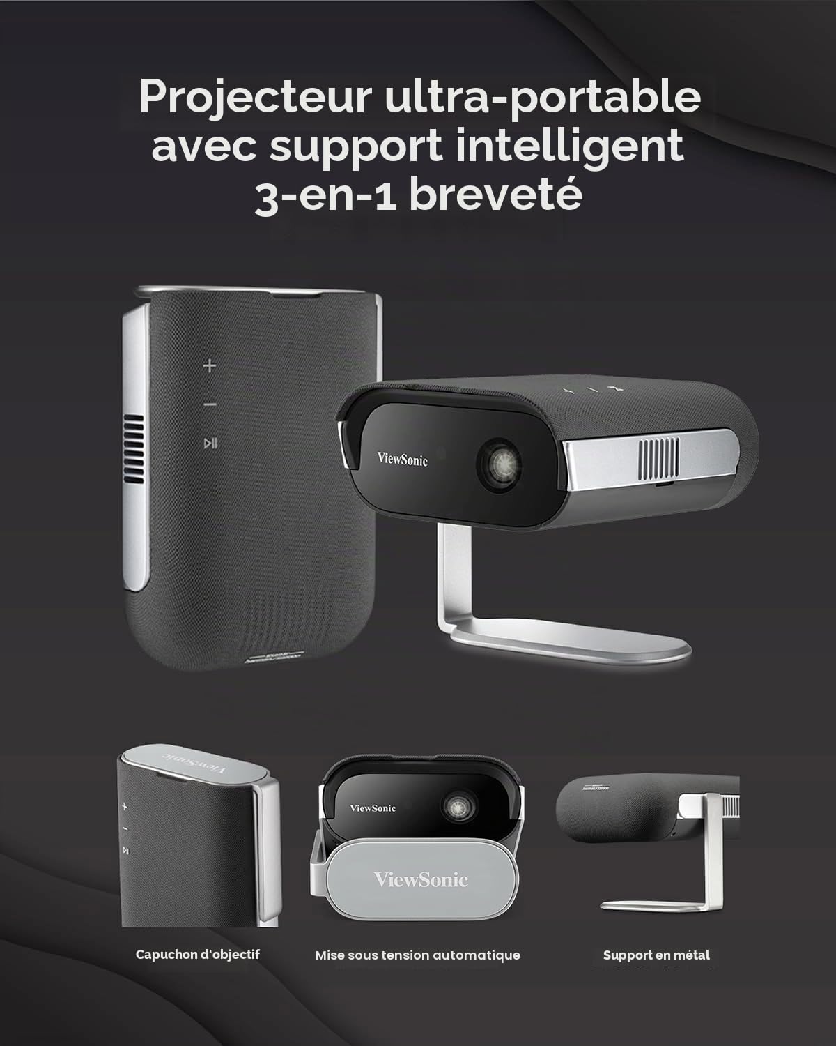 ViewSonic M1 Max Projecteur LED intelligent portable, Full HD 1080p, Google TV, projection 360°, 200 ANSI lumens, batterie intégrée avec 2 heures de temps de lecture, mise au point automatique