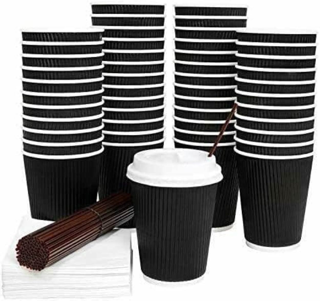 HOT BARGAINS Triple Wall Black Paper Coffee Cups with Reusable Lids, 12oz/360ml Disposable Ripple Cups, Pack of 100