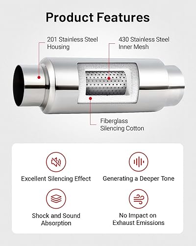 Miniatura 10 de EVIL ENERGY Silenciador resonador de 2 pulgadas de acero inoxidable (entradasalida de 2.0 pulgadas, 13.8 pulgadas de longitud)