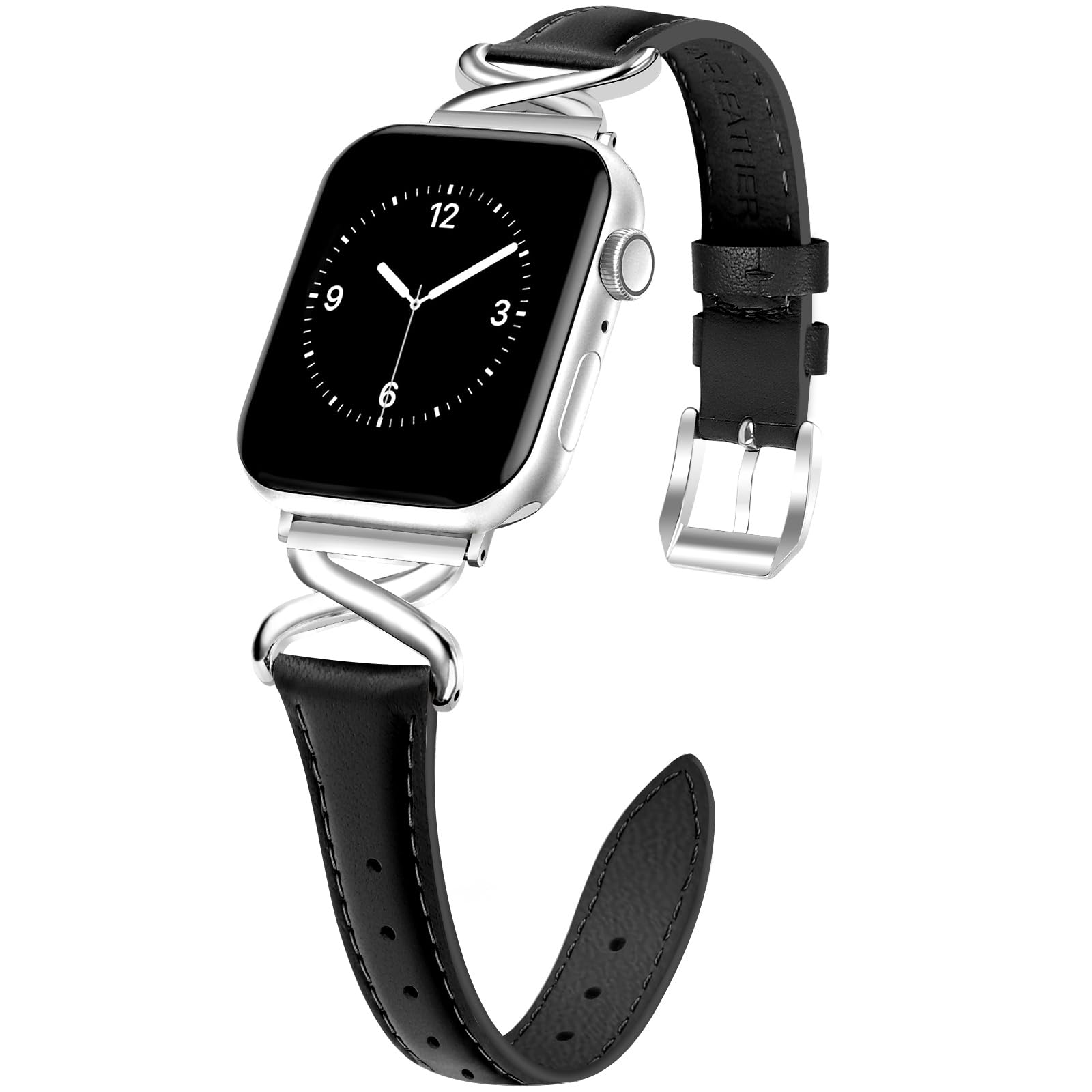 JR.DM Leather Bands Women Compatible with Apple Watch 40mm 38mm 44mm 45mm 41mm 42mm 49mm Dressy Slim Thin Fancy Designer Strap with X-Shaped Metal Crown for iWatch Series Ultra/SE/9/8/7/6/5/4/3/2/1