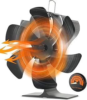 PYBBO 6-Blade Stove Fan with Thermometer - Quiet Heat-Powered Wood Stove Fan for Log Burners & Fireplaces - Mini Fire Fan Wood Burner & Log Burner Stove Top Fan - Silent Woodburner Fan for Fireplaces