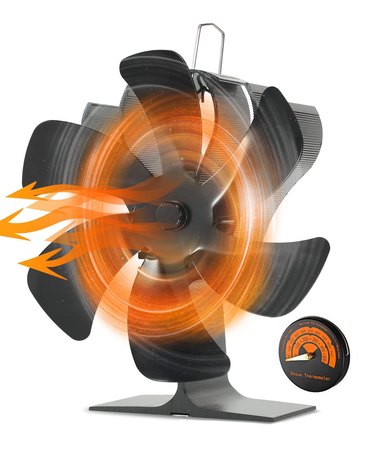 PYBBO6-Blade Stove Fan with Thermometer - Quiet Heat-Powered Wood Stove Fan for Log Burners & Fireplaces - Mini Fire Fan Wood Burner & Log Burner Stove Top Fan - Silent Woodburner Fan for Fireplaces