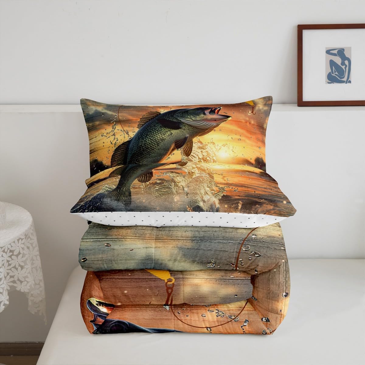 Feelyou Bass Fish Bedding Set Queen Size Hunting and Fishing Comforter Set for Kids Rustic Farm Hunting Women Men Home Decor Duvet,1 Comforter+ 2 Pillow Shams