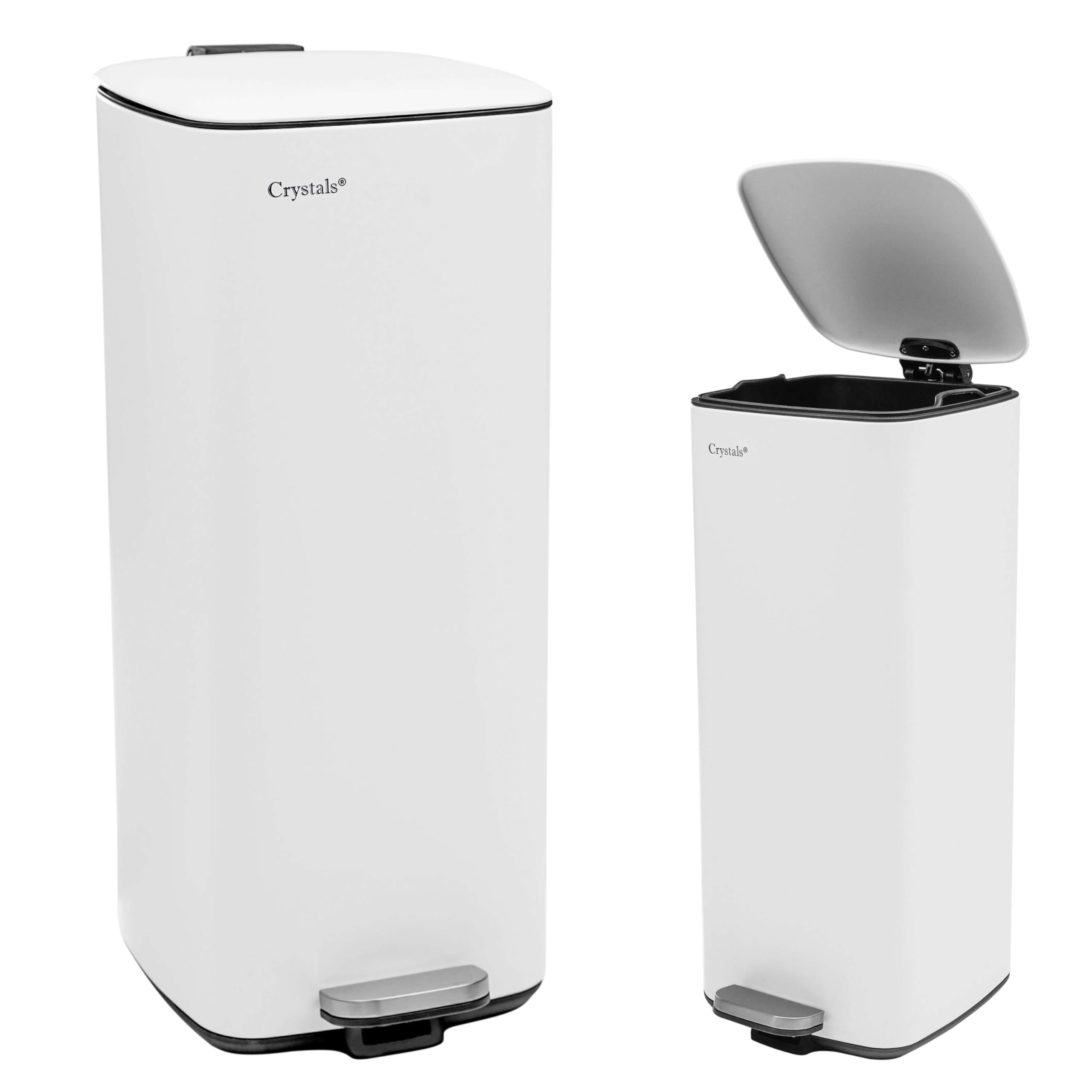Crystals 30L Square Slim Pedal Bin with Soft Close Lid – Compact Waste Bins for Bathroom, Kitchen, Toilet or Office – Hands-Free Rubbish Bin with Removable Inner Bucket, Modern Design (Silver)