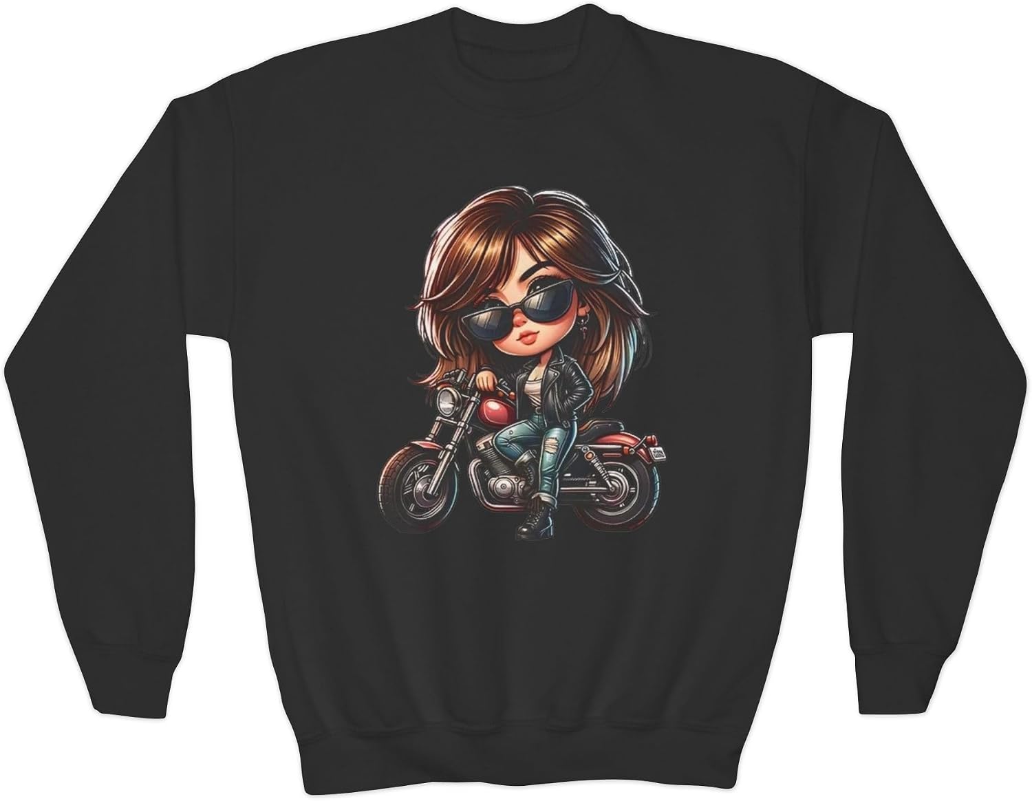 Chibi Biker Girl Youth Crewneck Sweatshirt | Motorcycle Cartoon