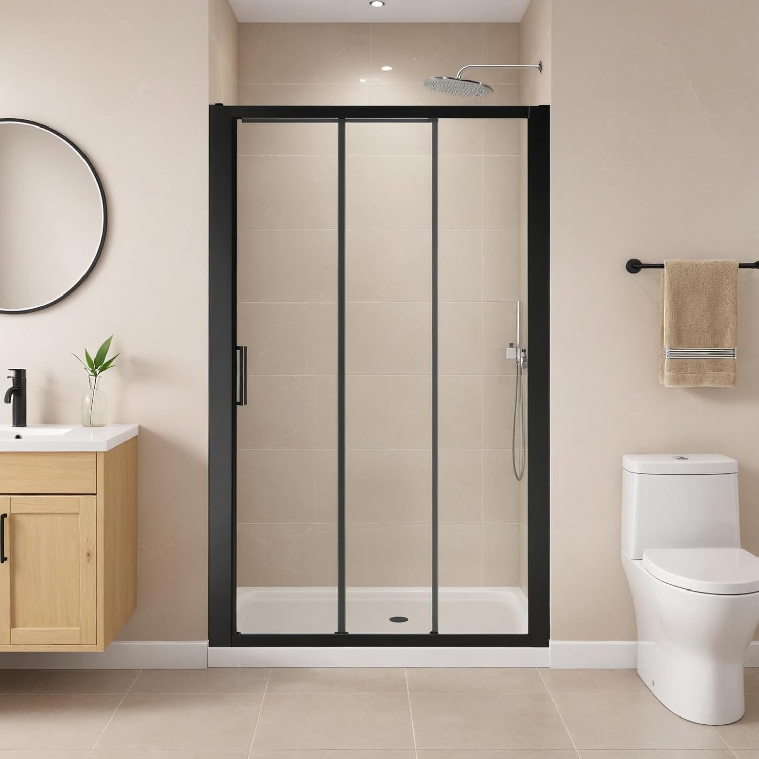 Shower Door 44-48" W x 70" H Tri-Fold Single Sliding Shower Door 1/4" Clear SGCC Tempered Glass Door, Matte Black Frame, Spacious Walk-in Access, Reversible Installation
