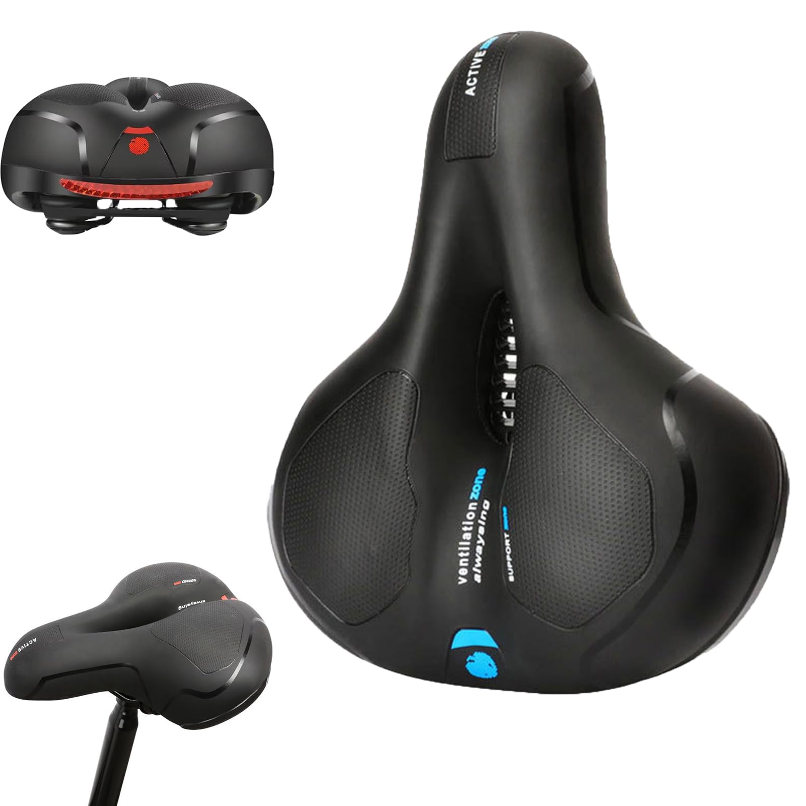 Cloud Comfort Max Sattel, Weicher Fahrradsattel, Cloud Comfort Pro Fahrradsattel, Gel Sattel, Breit, Stoßdämpfend, Bequem, Atmungsaktiv, Mit Reflektorstreifen (A-Schwarz-Blau) Sport & Freizeit
