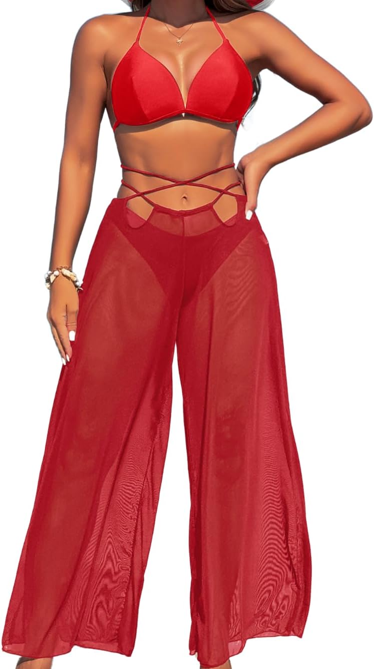 3 Piece Bikini Sets with Mesh Cover Up Pants, Halter Cheeky Thong Swimsuits, Sexy Bathing Suits for Women