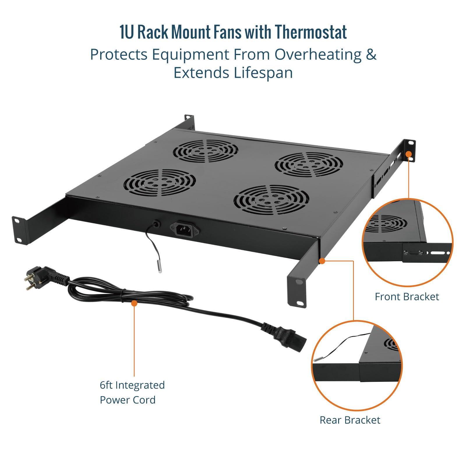 Tecmojo Modulo di Ventilazione da 1U per Rack da 19 Pollici con 4 Ventole, Supporto per Ventole con Guida Regolabile per Profondità da 350mm a 750mm, Nero