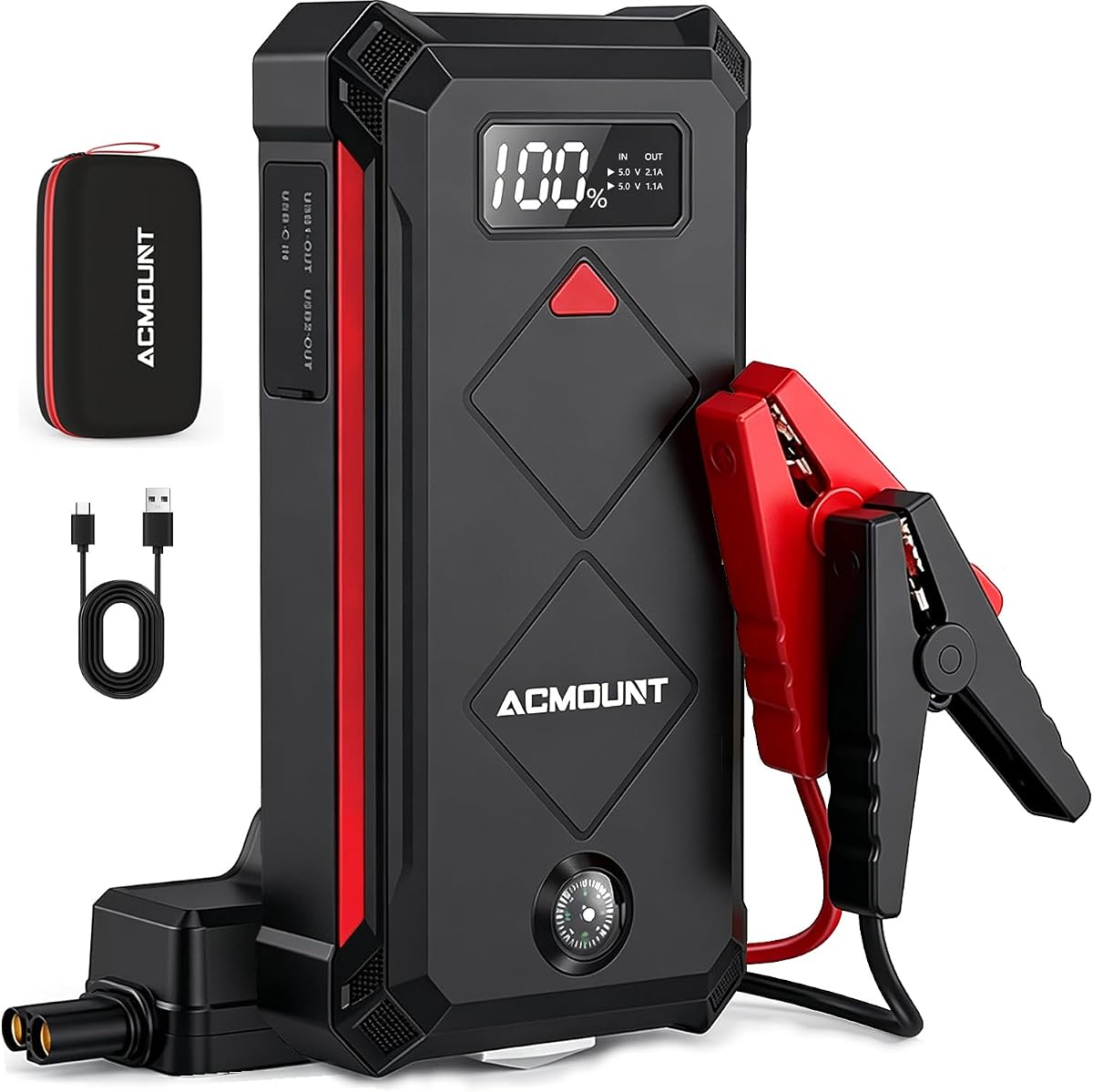 ACMOUNT P100 5000A Car Battery Jump Starter for 10.0L Gas/8.0L Diesel | 12V Portable Jump Box with Jumper Cables, Power Bank, 600LM LED Flashlight, Safety Hammer & Compass