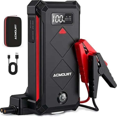 ACMOUNT P100 5000A Car Battery Jump Starter for 10.0L Gas/8.0L Diesel | 12V Portable Jump Box with Jumper Cables, Power Bank, 600LM LED Flashlight, Safety Hammer & Compass