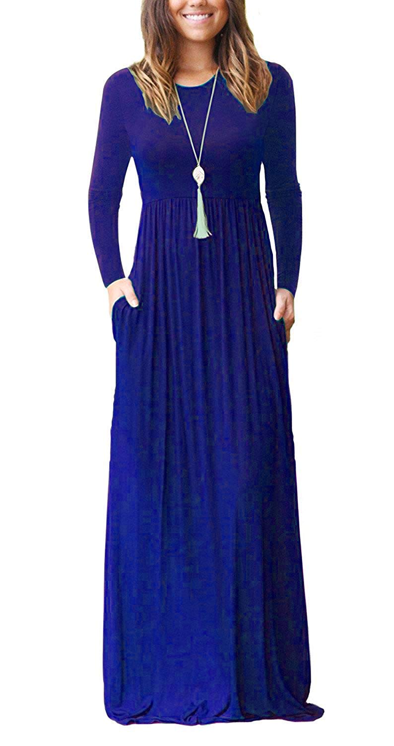 Auselily Women's Royal Blue Casual Long Sleeve Maxi Dress Loose Long Dresses With Pockets Xl