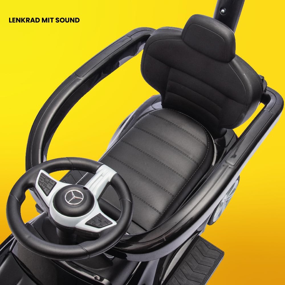 sun baby Rutschauto ab 1 Jahr Mercedes C-Class, Kinderfahrzeug für Jungen und Mädchen mit hohe Rückenlehne, Audio-Lenkrad, ausziehbare Fußstützen, Staufach (Schwarz)