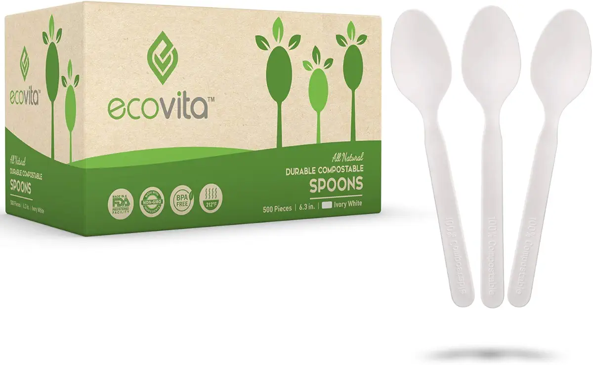 100% Compostable Spoons - 500 Large Disposable Utensils (6.5 in.) Bulk Size Eco Friendly Durable and Heat Resistant Alternative to Plastic Spoons with Convenient Tray by Ecovita