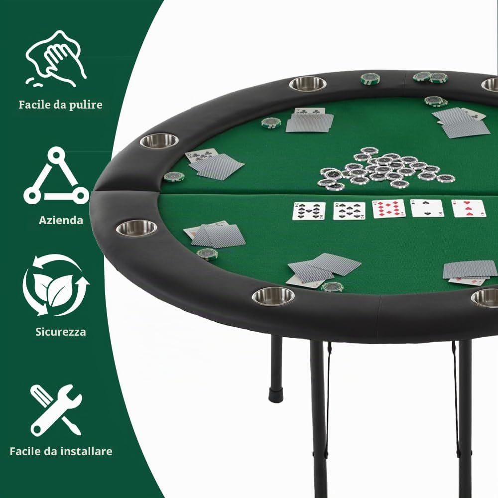 Mingone Tavolo da Poker Pieghevole, 8 Posti con Portabicchieri, Tappeto in Feltro, per Texas Hold'em, Blackjack e Giochi da Casinò a Casa (Green, Cerchio)