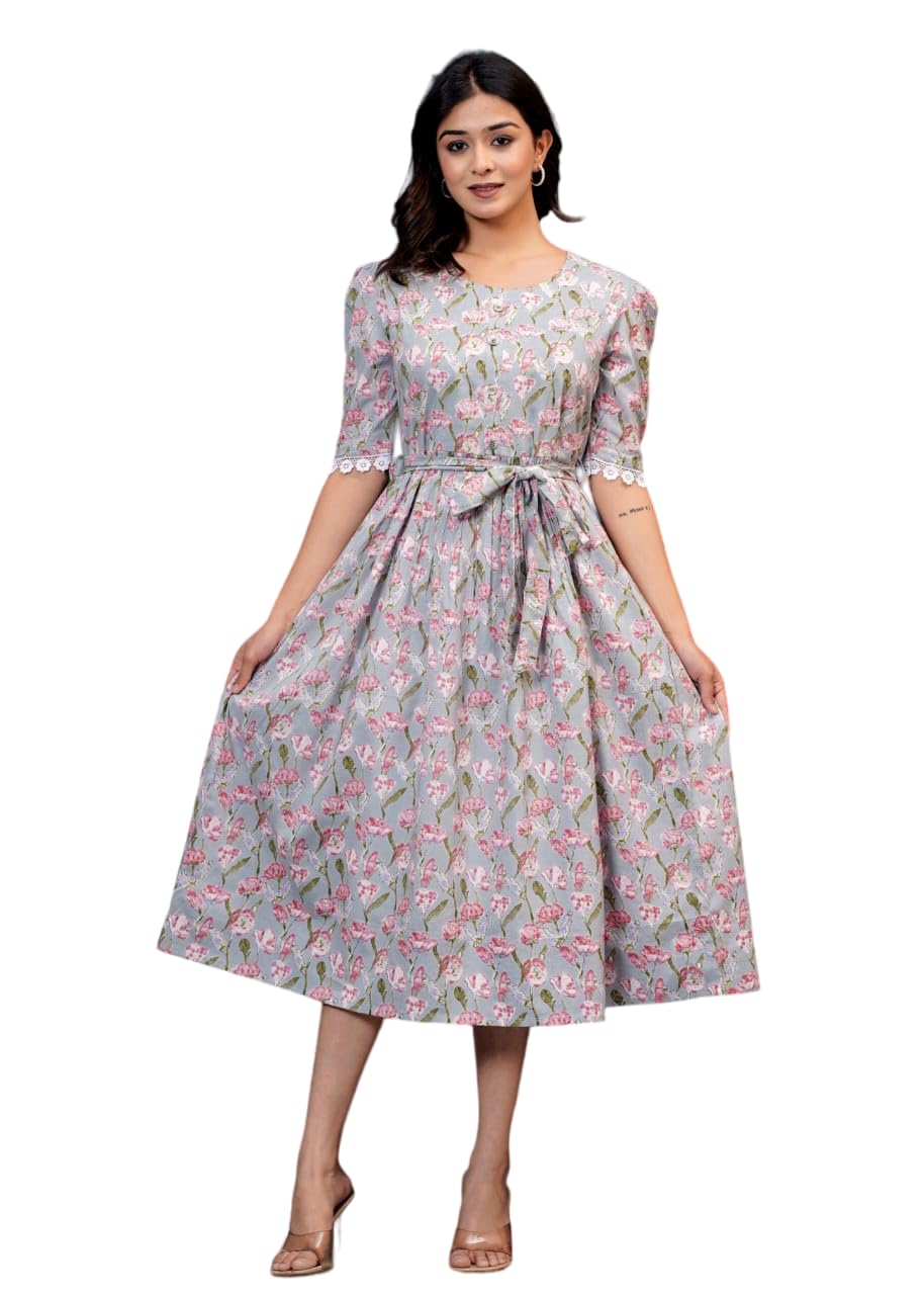 fabmoha Women’s Beautiful Floral Print Cotton Midi Dress | Puff Sleeves, Round Neck, and Flared Silhouette with Belt | Outfit for Parties, Brunch, and Special Occasions-picture-20
