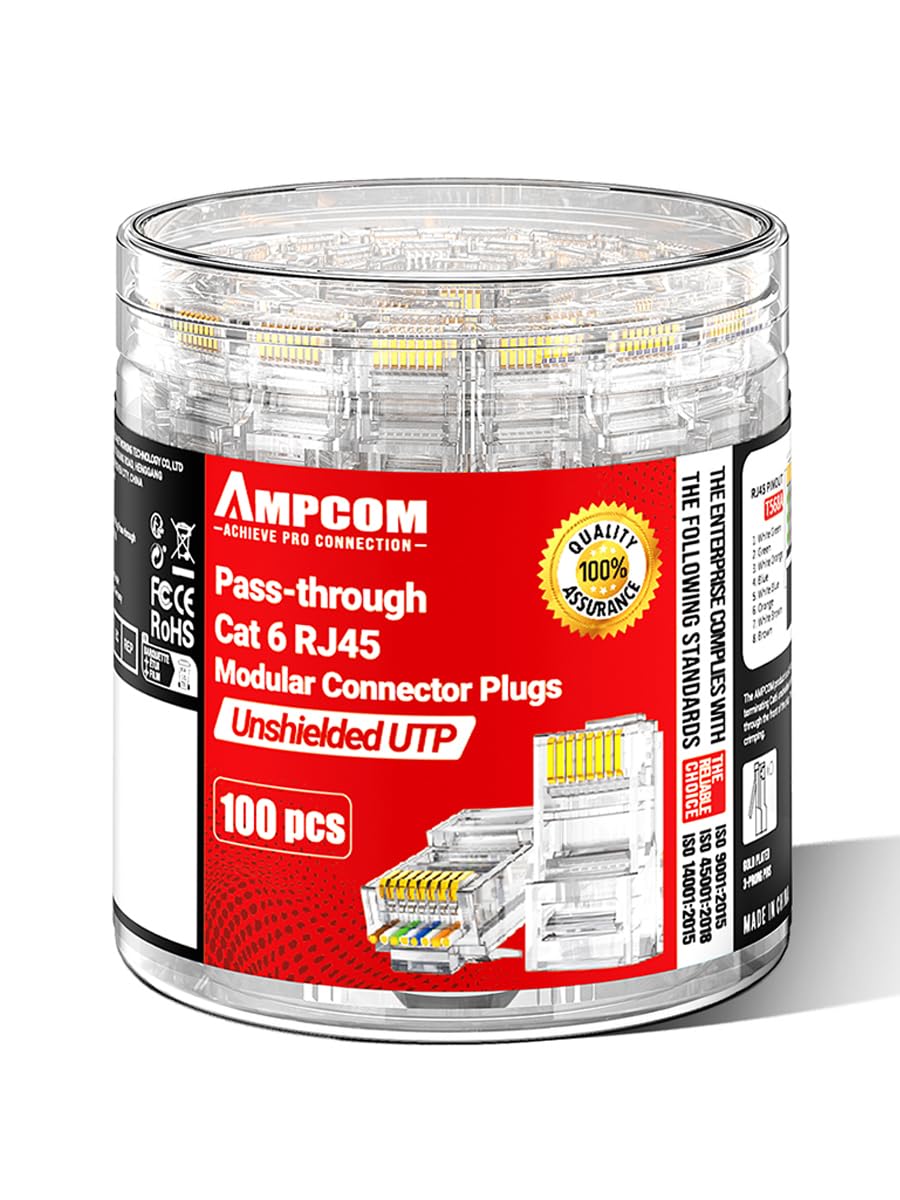 AMPCOM Złącze RJ45 CAT6 Przelotowe 100 Sztuk — Pozłacane 23-26AWG | Styki pozłacane 50μ 3-pinowe, przezroczysta kontrola wizualna, certyfikat Gigabit, kompatybilność wsteczna CAT5e