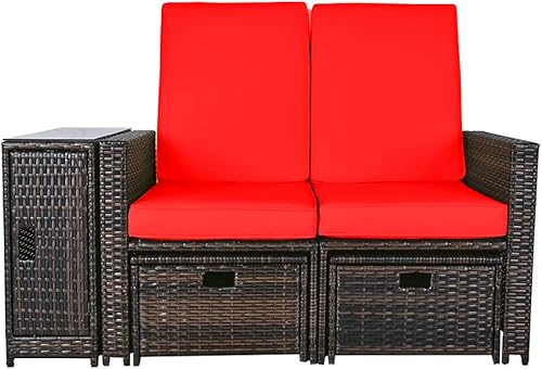 Miniatura 8 de Tumbona de mimbre para exteriores, 5 piezas, silla reclinable ajustable de ratán con otomana y mesa auxiliar, para patio, playa, piscina, patio