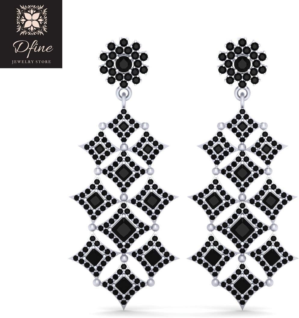 Princess and Round Cut Black Diamond Chandelier Earrings Halo Wedding Earrings