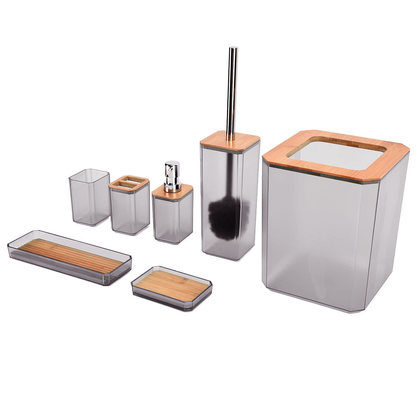 Cocoarm Juego de Accesorios de Baño de bambú, Juego de Baño de 7 Piezas con Caja de ABS, Soporte para Cepillo de Dientes, Escobilla de, Bandeja para Bote de Basura para el Hogar, Hotel, (Gray)